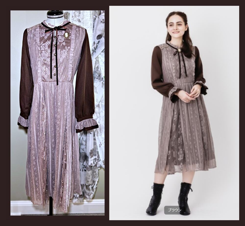 Axes Femme Brown Lace Dress with Cameo Brooch J Fashion Cottagecore Mori Kei